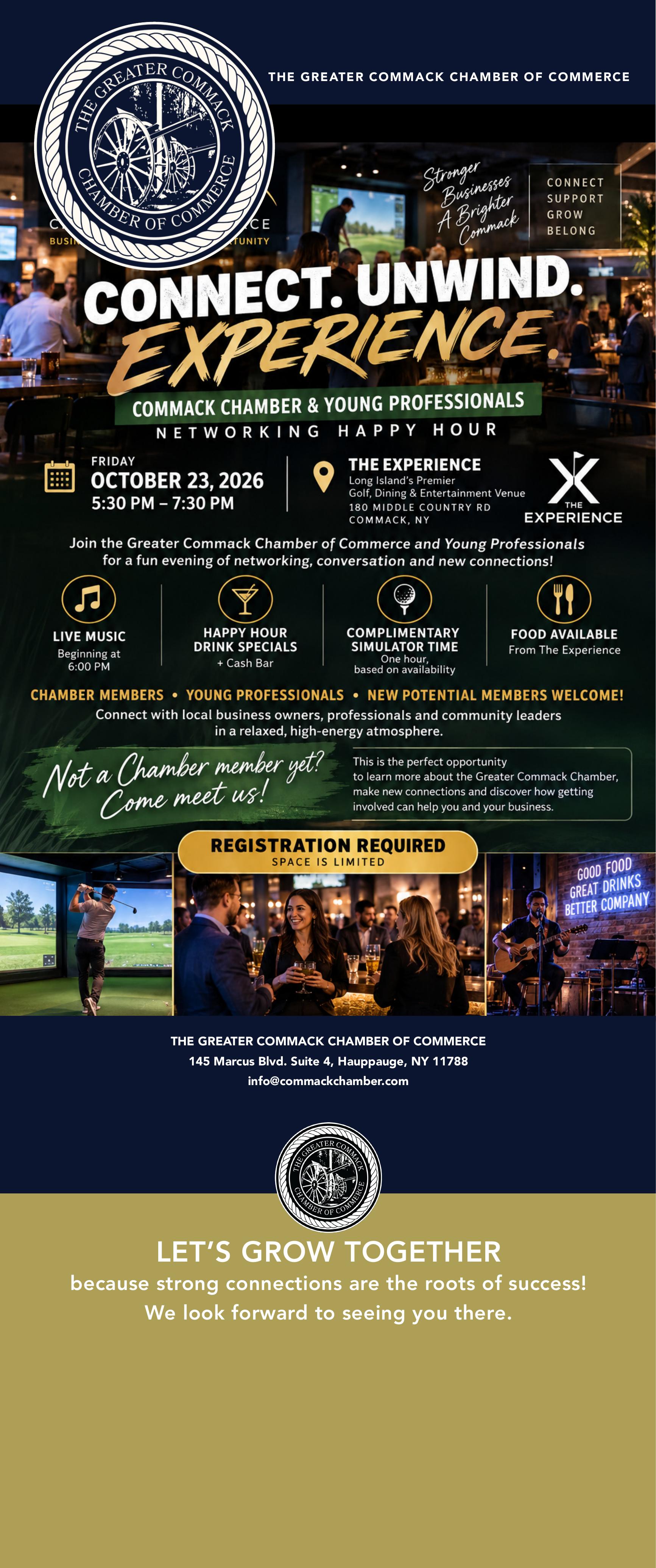 Connect. Unwind. Experience networking happy hour flyer